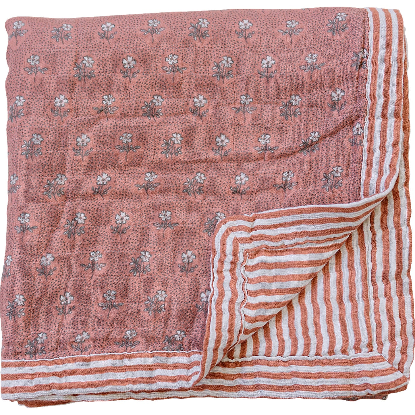 Vintage Pink Floral + Pink Stripes Muslin Quilt