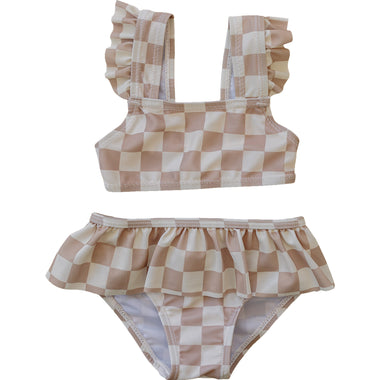 Taupe Checkered Ruffle Bikini Set