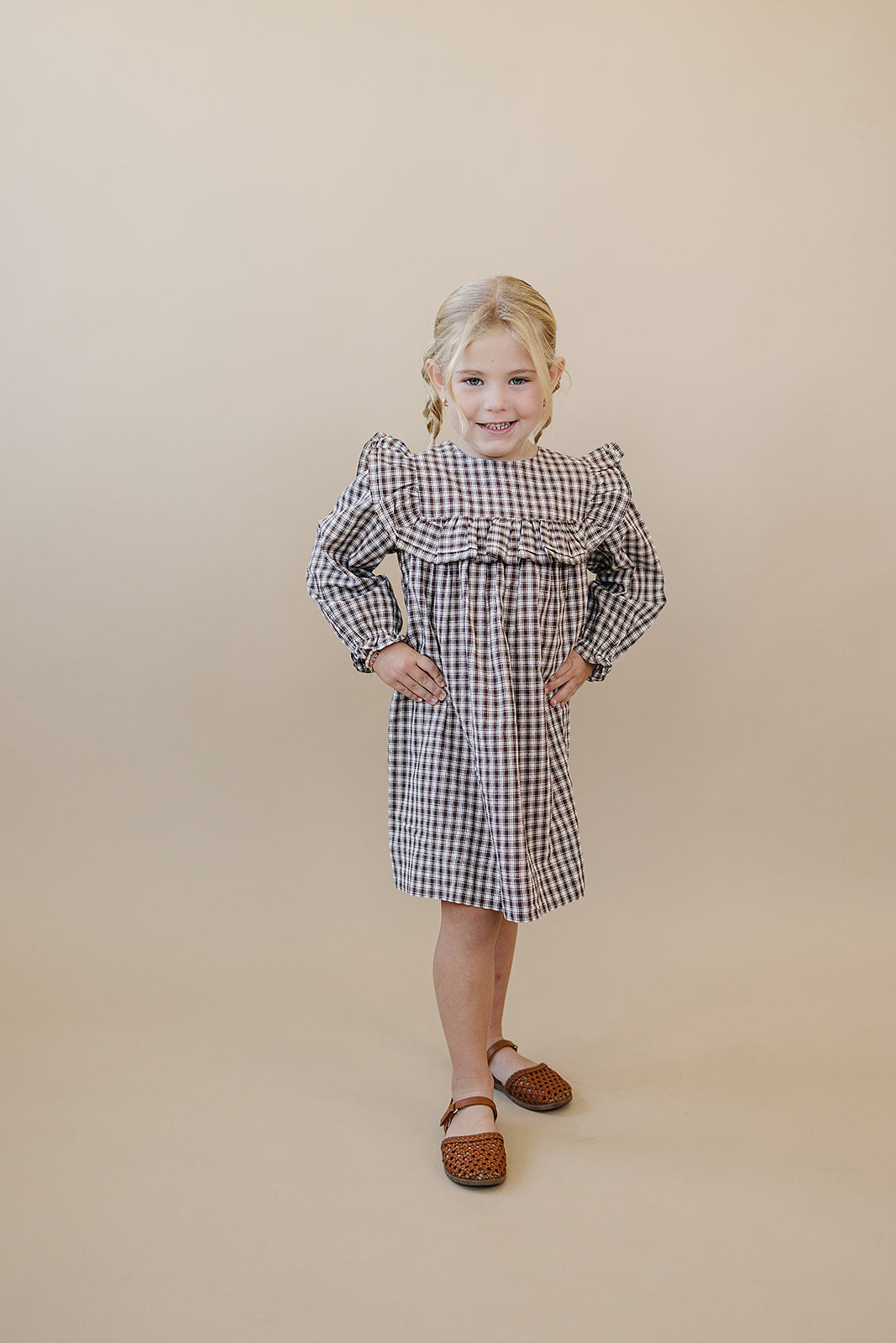 Brown Gingham Ruffle Dress