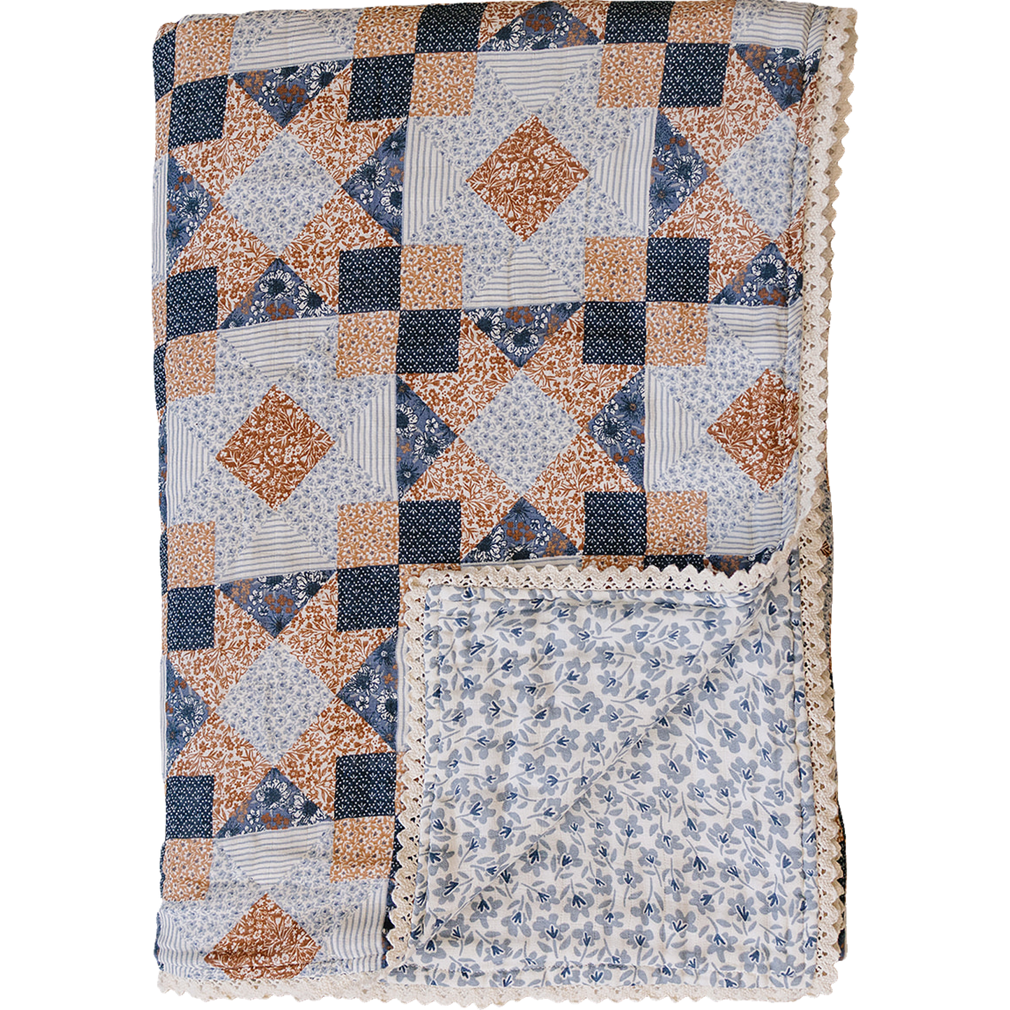 Patchwork Print + Blue Blossom Lace Twin Muslin Quilt