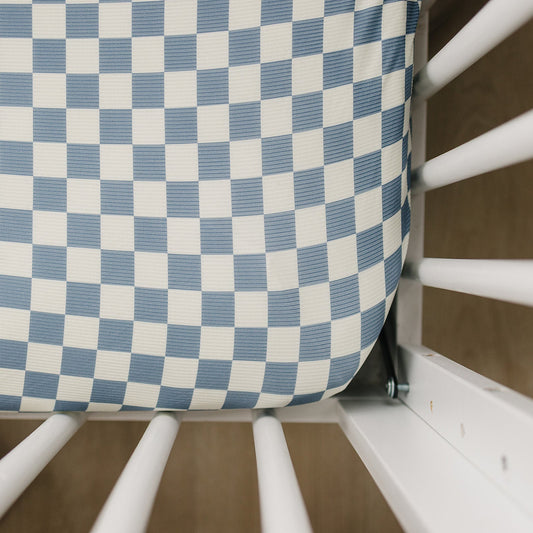Blue Checkered Ribbed Bamboo Stretch Crib Sheet