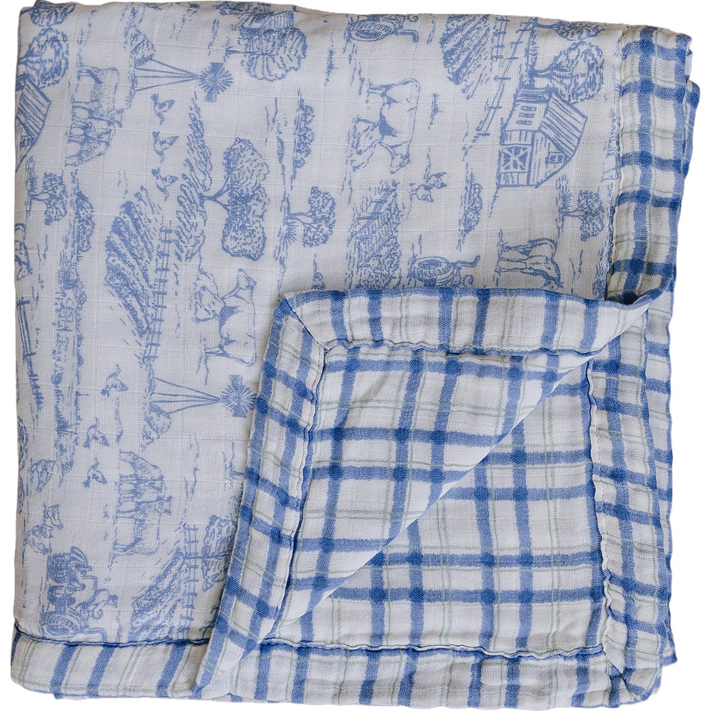 Farm Toile + Blue & Green Plaid Muslin Quilt