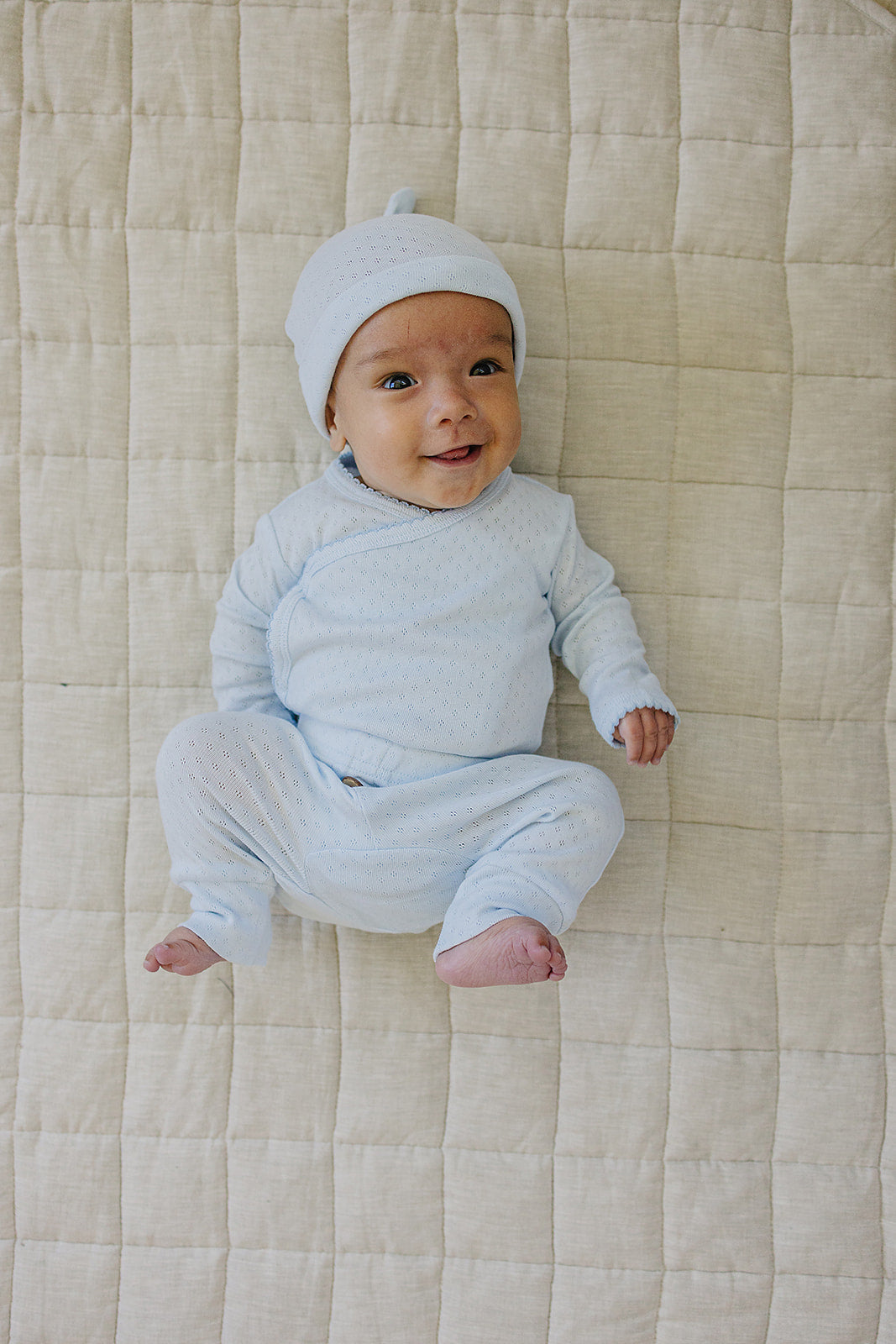 Blue Pointelle Cotton Newborn Knot Hat