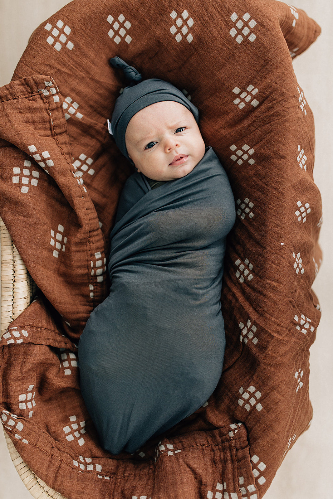 Mebie Baby Bamboo Stretch Swaddle. Gender Neutral for take home outfits and swaddling newborns. 